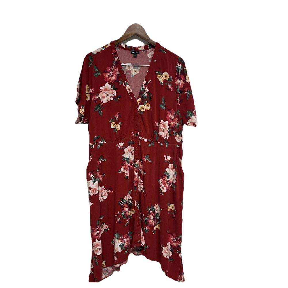Torrid Maroon Floral V Neck Midi Dress Sz 3 3X Babydoll Flowy Cottage Fairy